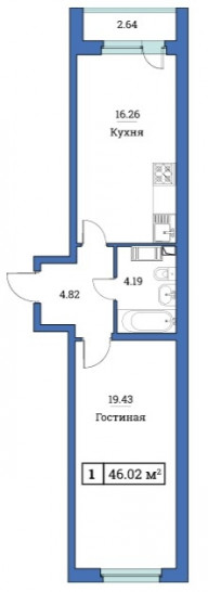 Однокомнатная квартира 46.02 м²