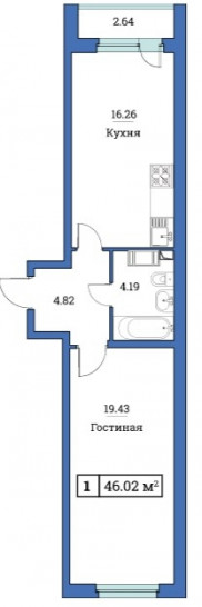 Однокомнатная квартира 46.02 м²